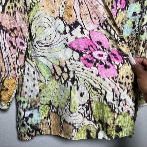 Chico's Women 100% Silk Cardigan Top Large Watercolor Floral Jacquard Open Front - Picture 4 of 8